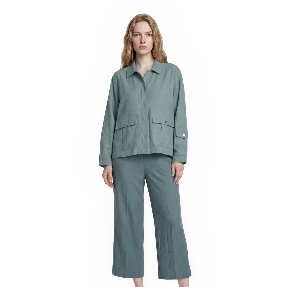 Wynne Layers Crop Pant Jacket Set Linen Blend Pantsuit Womens Size 1X Blue Green